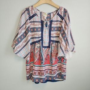 Fig and Flower Anthropologie Boho Tie-Front Abstract Paisley Print Blouse Sz XL